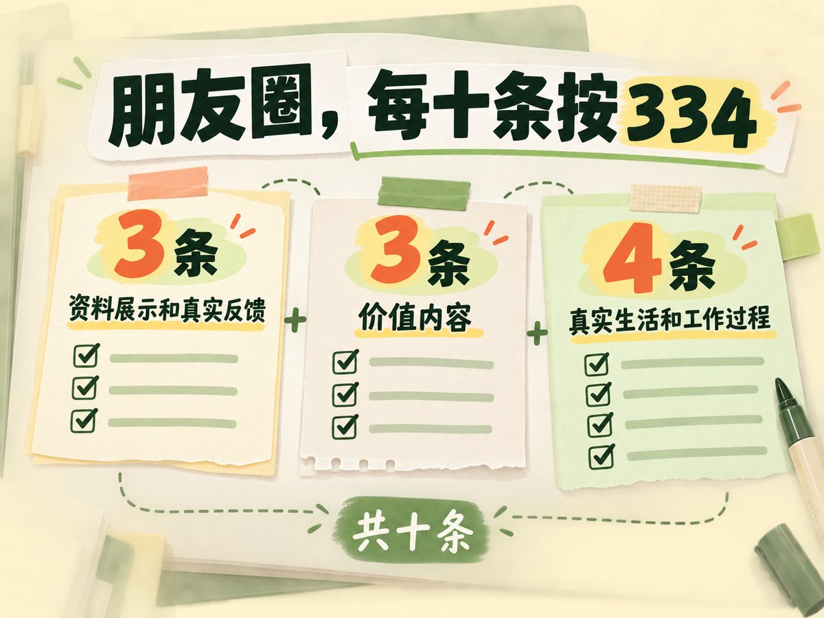 朋友圈每十条内容的 334 配比：三条资料反馈、三条价值、四条生活