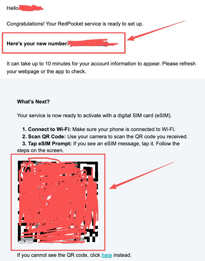 Red Pocket 申请成功邮件中的美国手机号与 eSIM 二维码截图