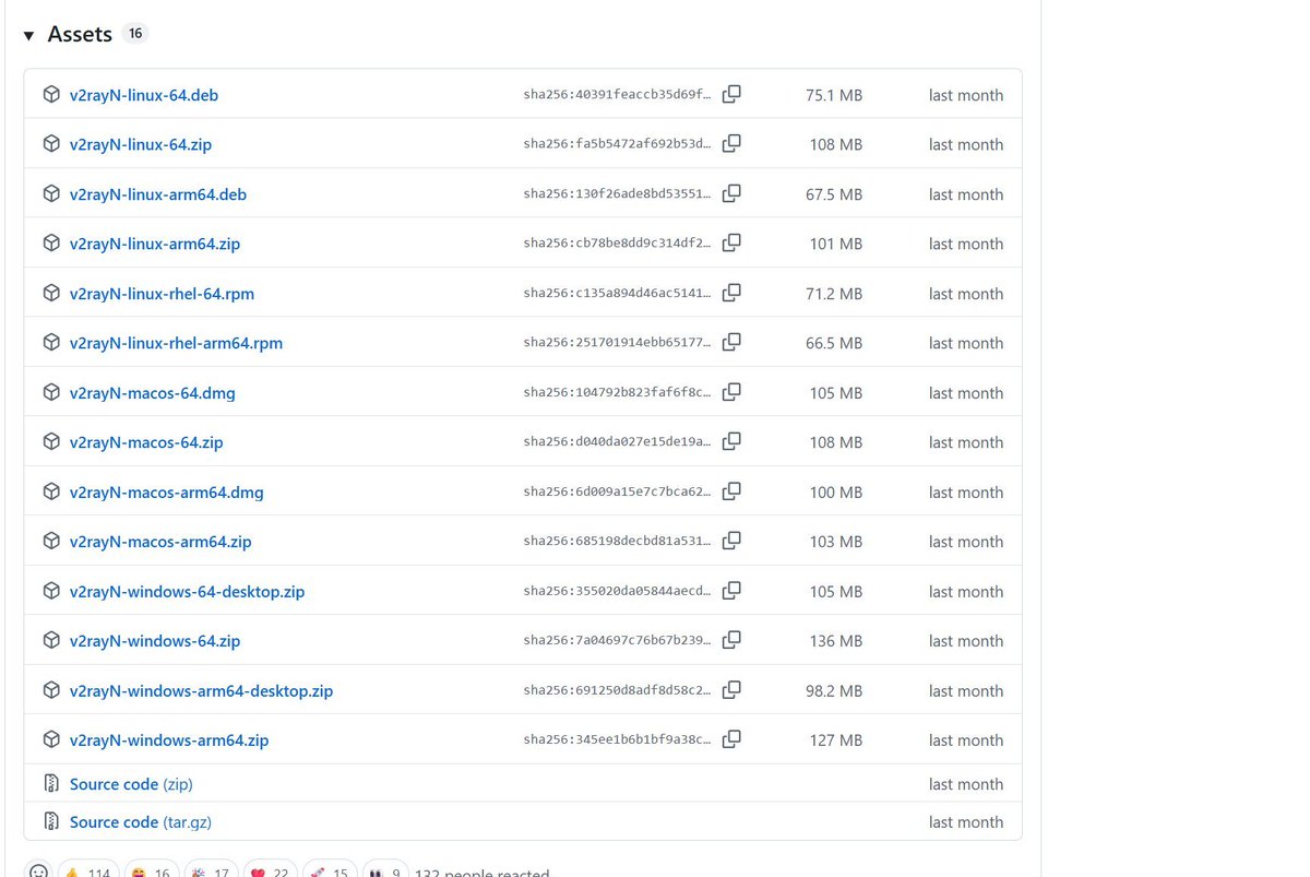 v2rayN GitHub Releases 页面列出的四类下载文件