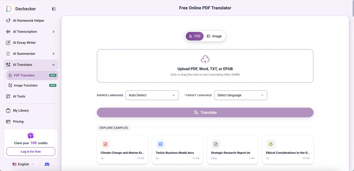 Dechecker PDF 翻译功能保留文档版式的界面