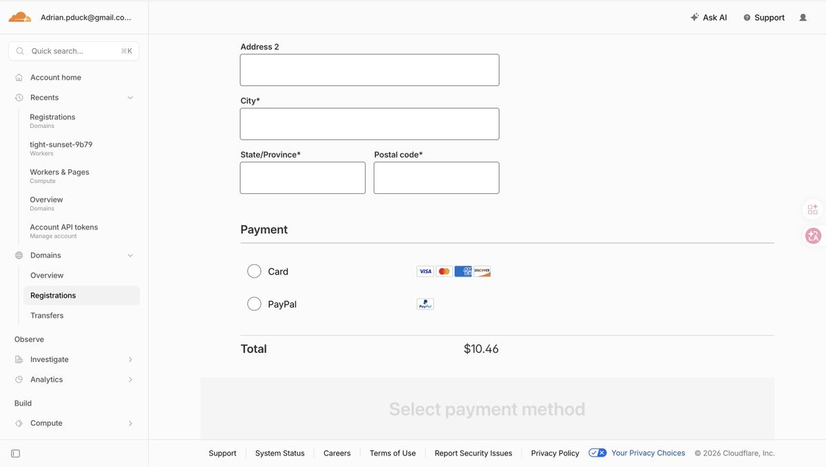Cloudflare 域名购买选择支付方式截图