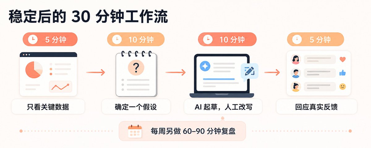 每天30分钟拆成看数据、定问题、出草稿、发布四段时间分配