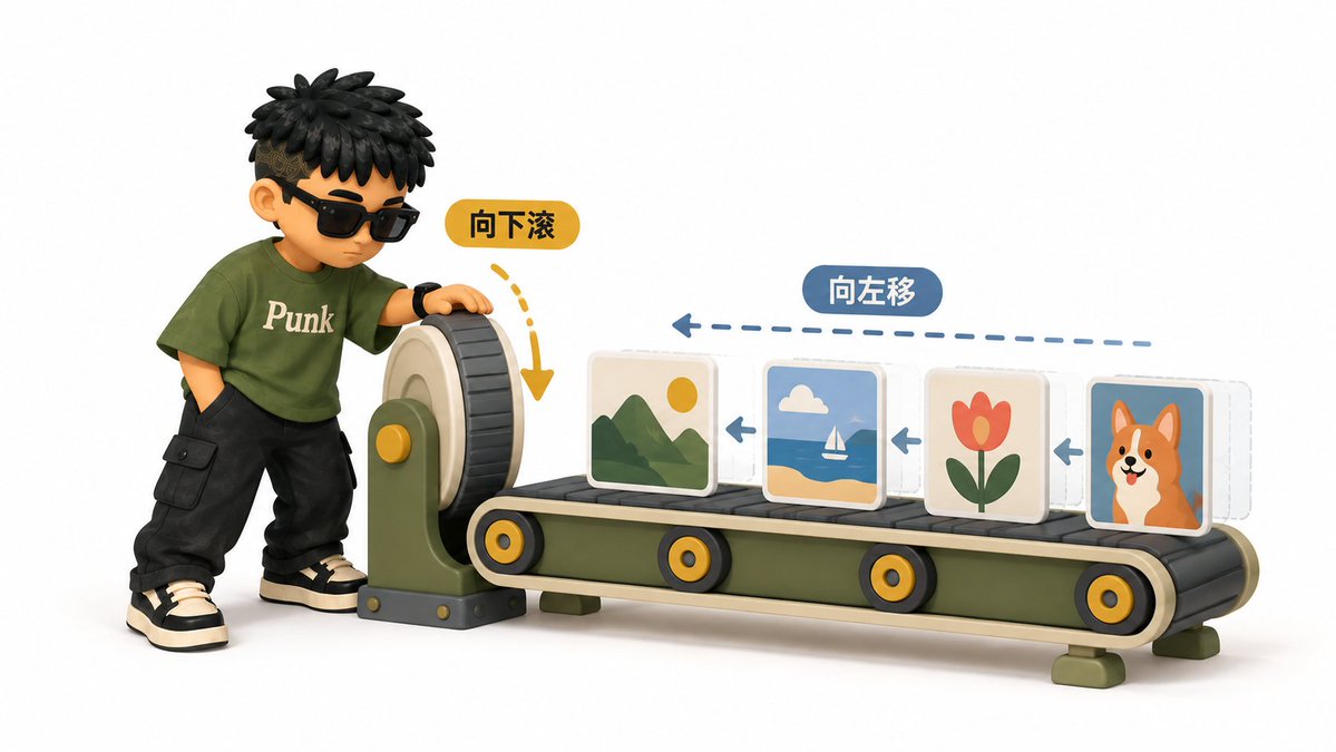 四张作品卡片从右向左横向经过视口的效果展示