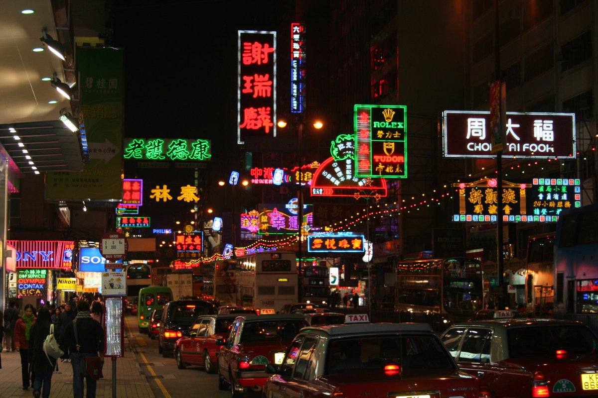香港九龙弥敦道密集招牌与街道