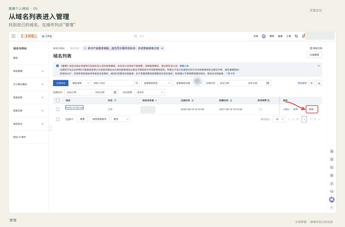 阿里云域名列表中该域名右侧的管理入口