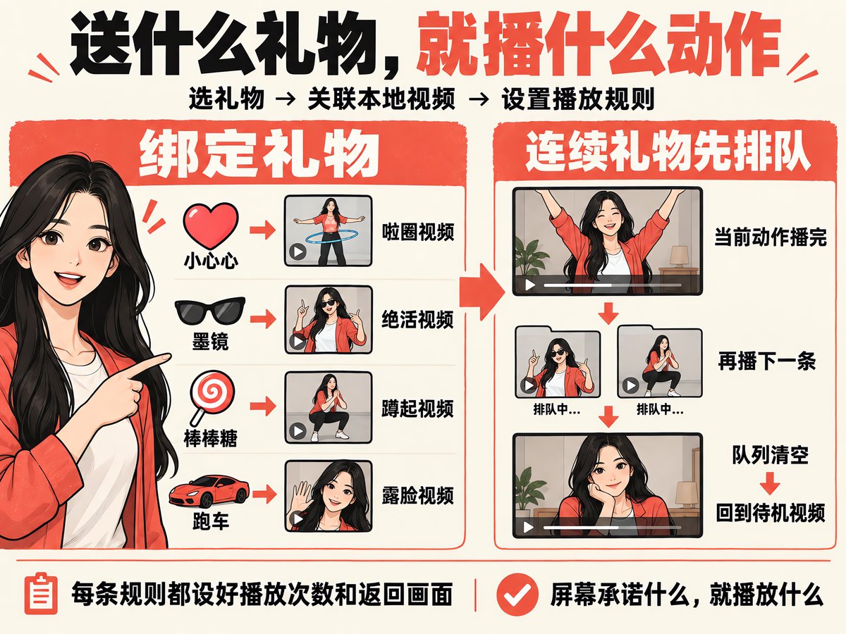礼物配置界面中每种礼物对应的动作素材与排队规则