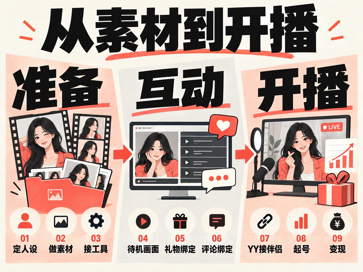 无人直播九步搭建流程图，分为准备、互动、开播三个阶段