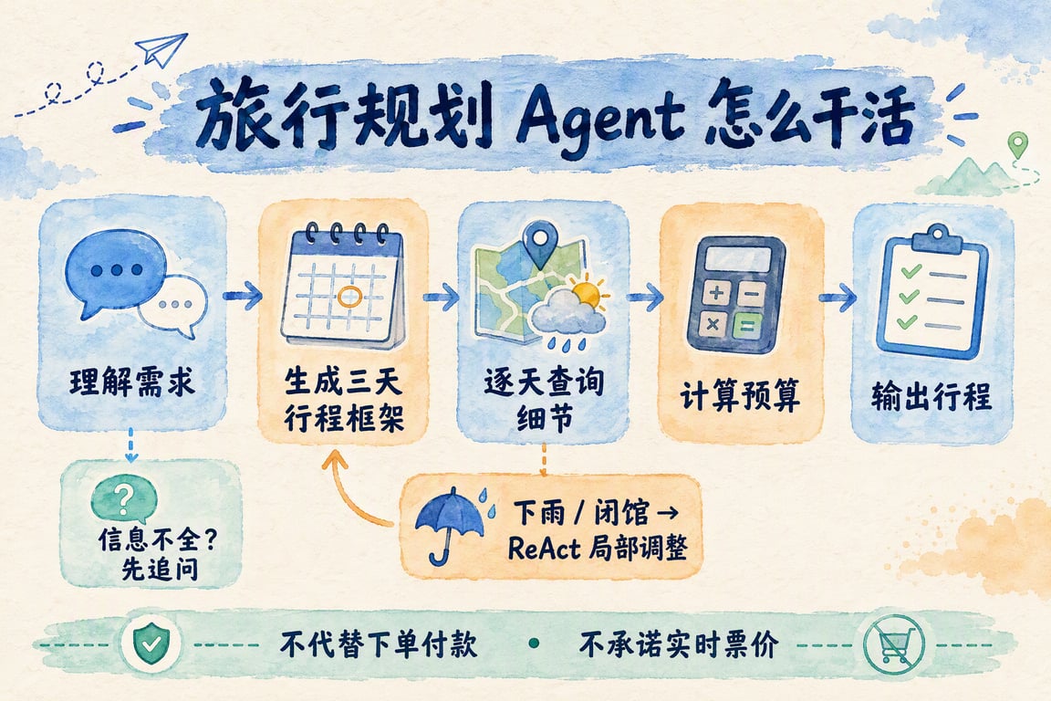 旅行规划 Agent 工具、范式、记忆与边界设计步骤的配图