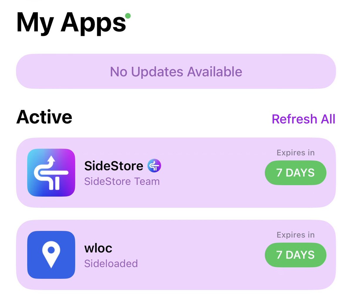 SideStore 的 My Apps 页面显示已安装 wloc 的截图