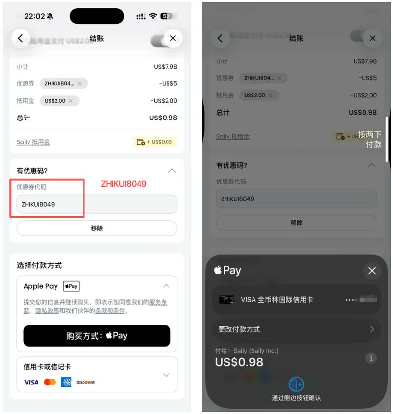 Saily 使用 Apple Pay 显示 VISA 卡和付款金额截图