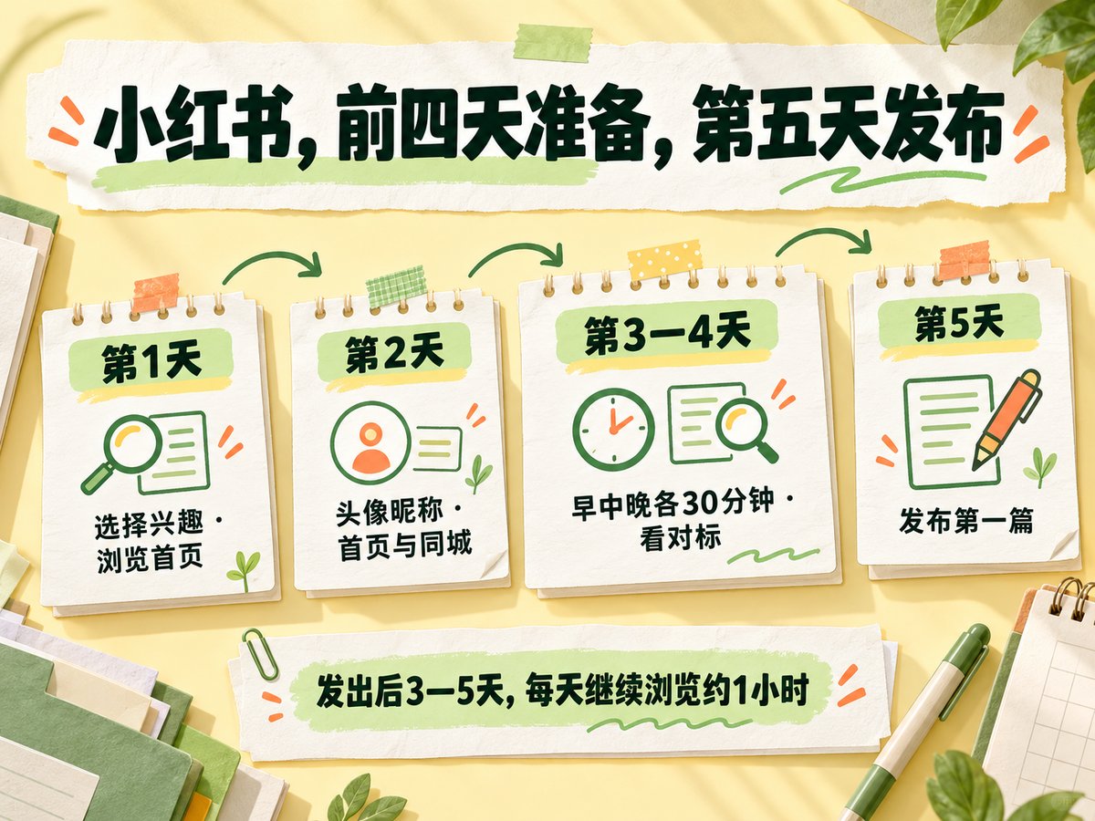 小红书前四天养号到第五天发布的节奏示意图