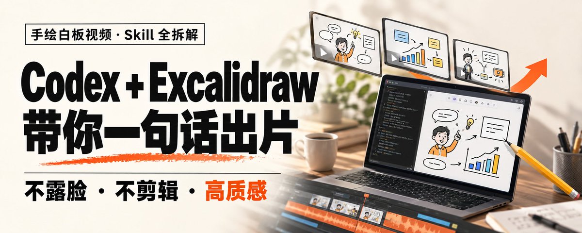 Codex + Excalidraw 带你一句话出片：手绘白板风格视频，不露脸、不剪辑、高质感。