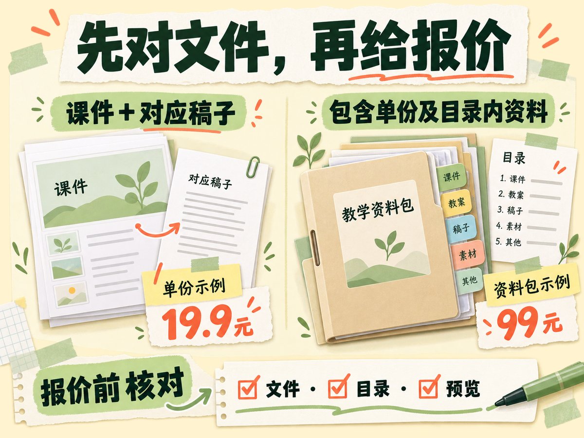 单份与资料包报价示例表，需先核对实际文件再改价格