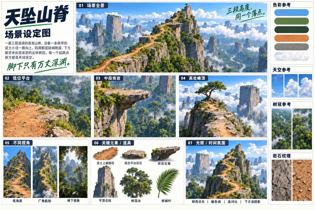 Skyfall Ridge 场景设定表,标出三个起跳高度与岩柱