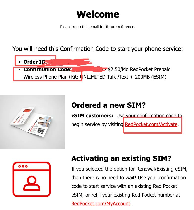Red Pocket 激活邮件中的 Order ID 与 Confirmation Code 截图