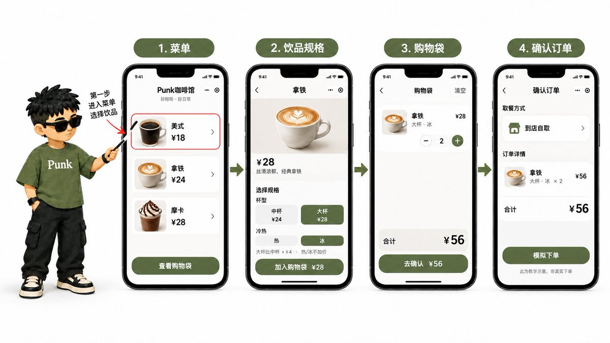 咖啡馆小程序从选咖啡到确认订单的流程示意图