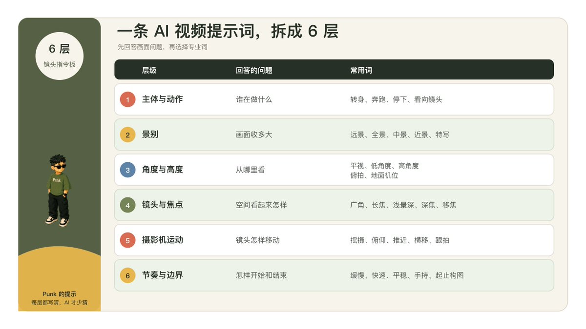 AI 视频提示词六层结构示意图