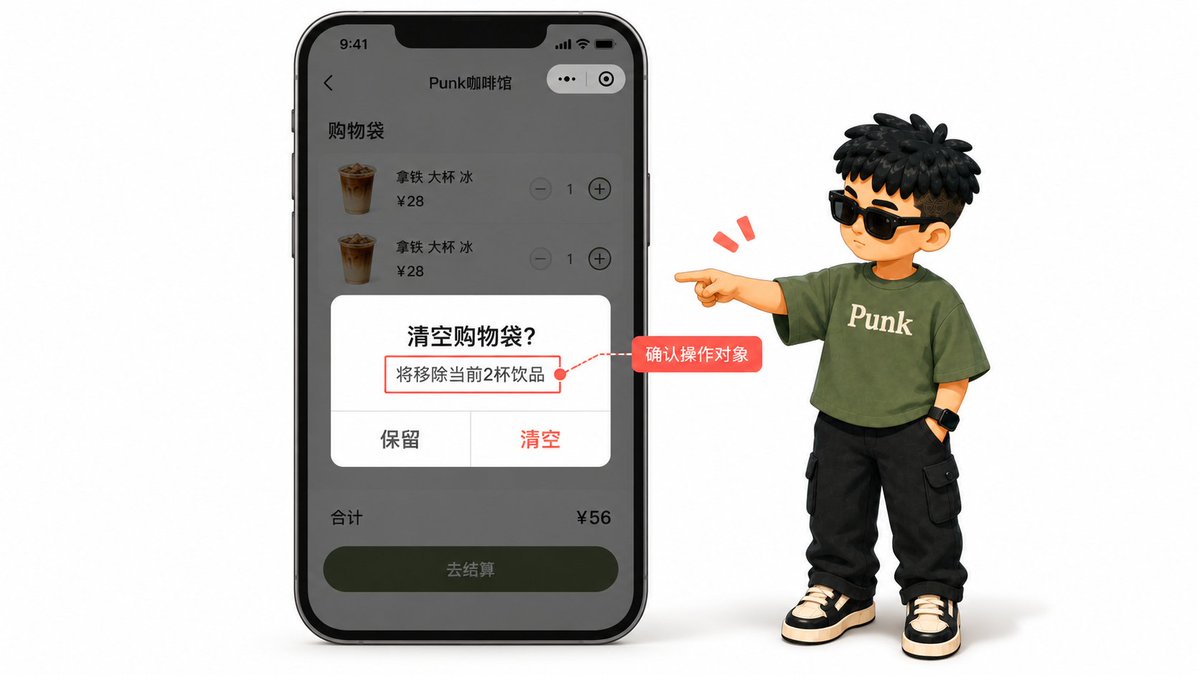 询问「清空购物袋?」并提示将移除 2 杯饮品的对话框
