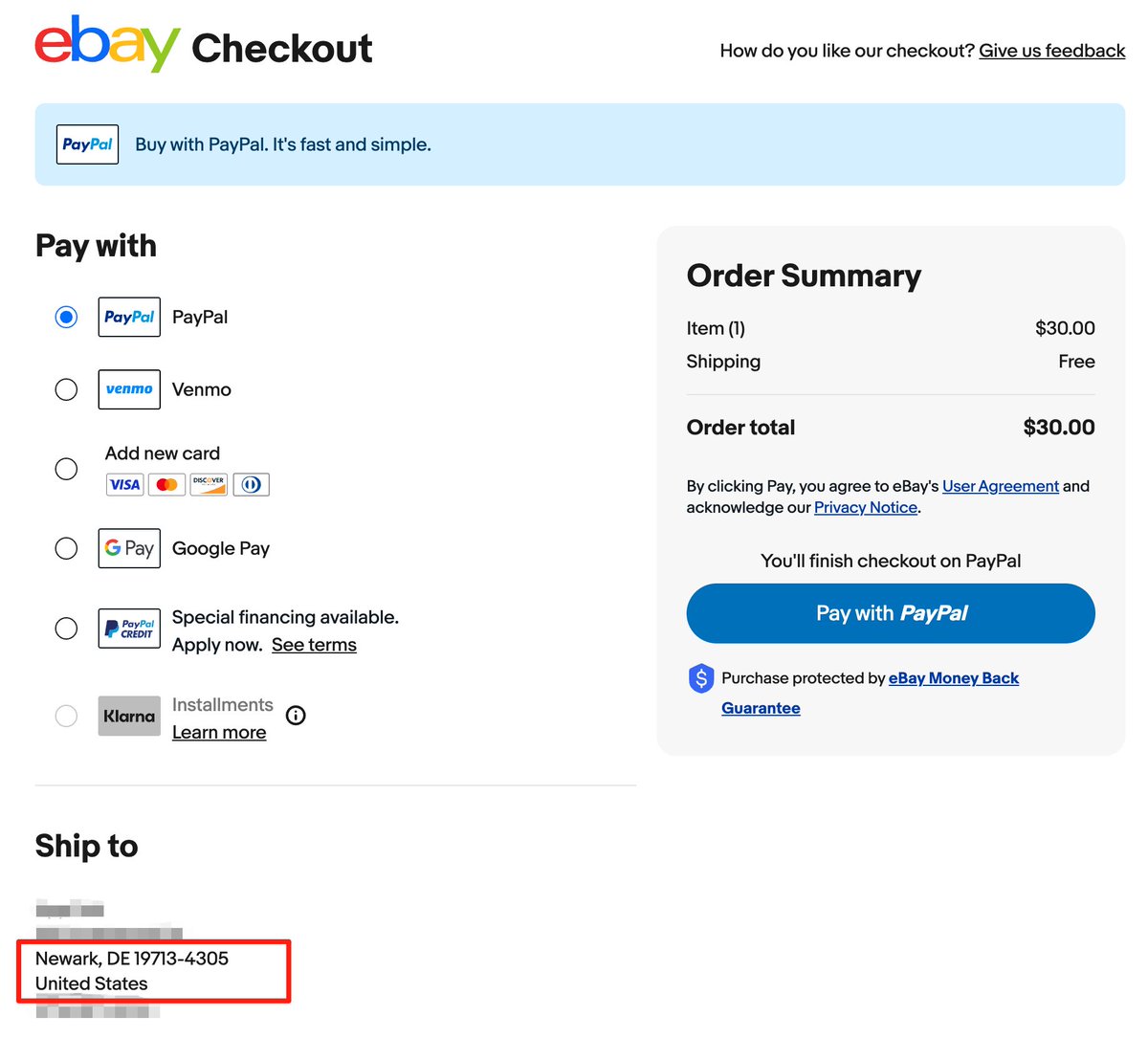 eBay 下单时填写美国收货地址的截图