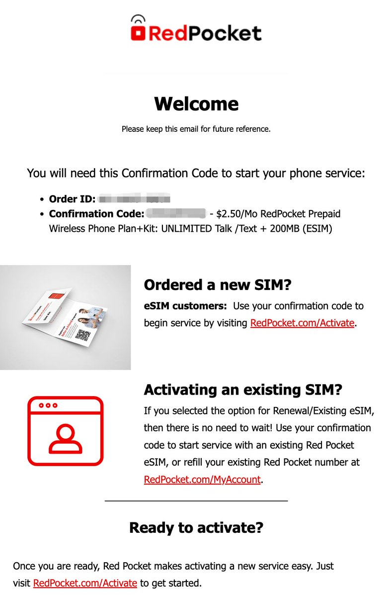 eBay 邮件中的 RedPocket 激活码 Confirmation Code 截图