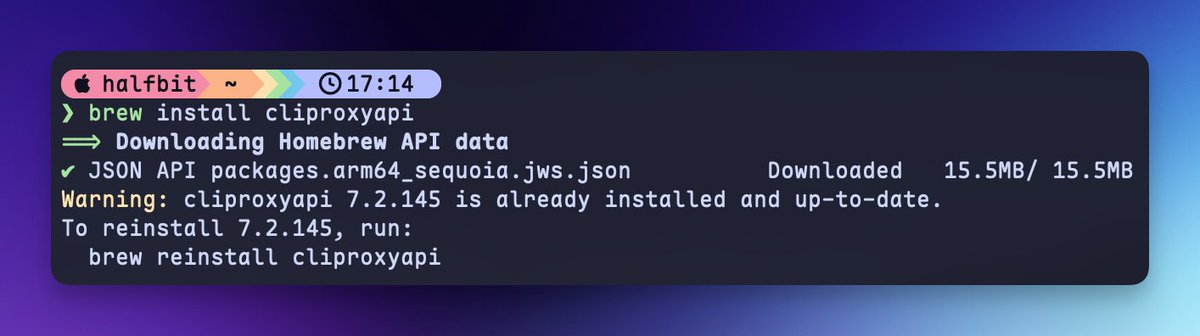 终端执行 brew install cliproxyapi 并提示已安装的输出截图