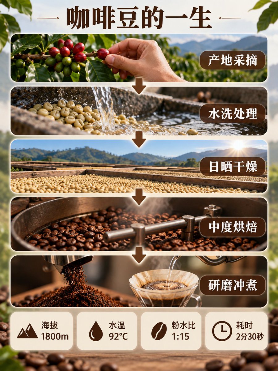 中文信息图原图:标题「咖啡豆的一生」、五个流程标签和四张底部数据卡片