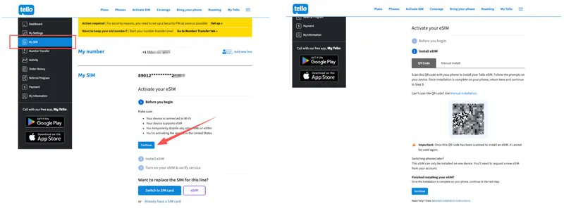 Tello 后台 My SIM 页面显示 eSIM 安装二维码的截图