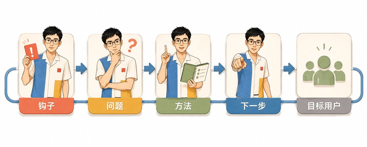 口播稿钩子、问题、方法、下一步四段结构图