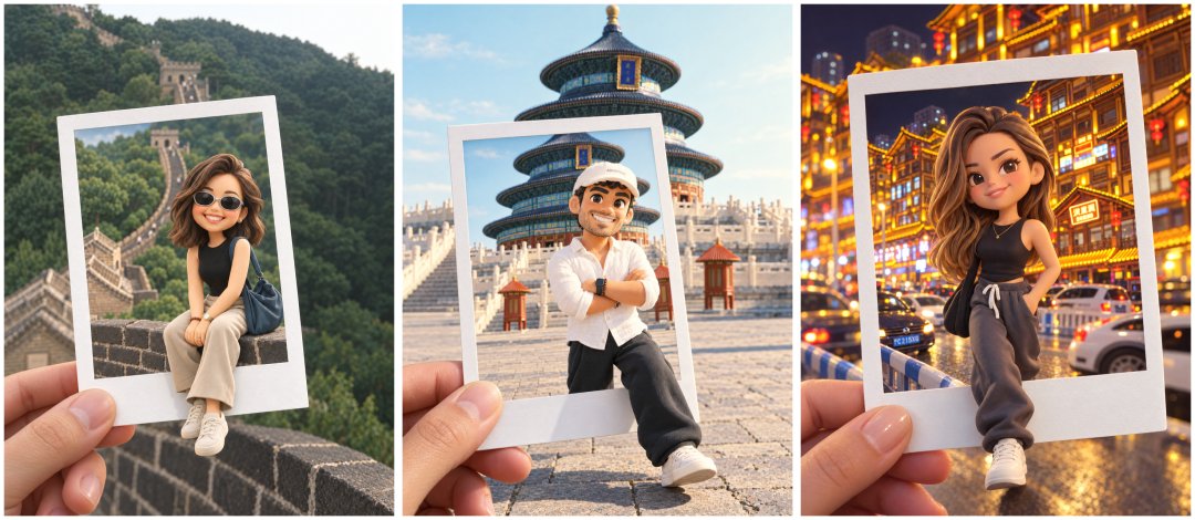 人物被转成3D Q版黏土公仔并手持拍立得与原场景合影的效果图