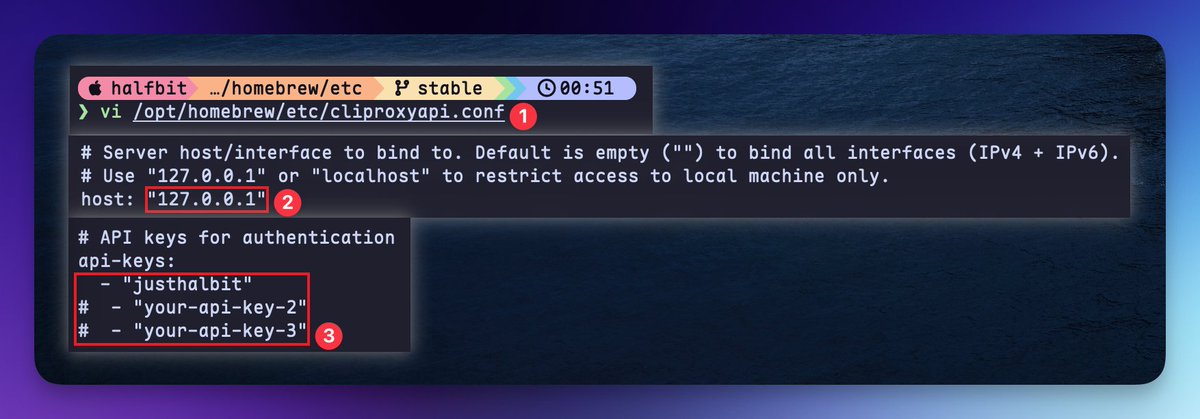 cliproxyapi.conf 里 host 与 api-keys 两处待修改配置的截图
