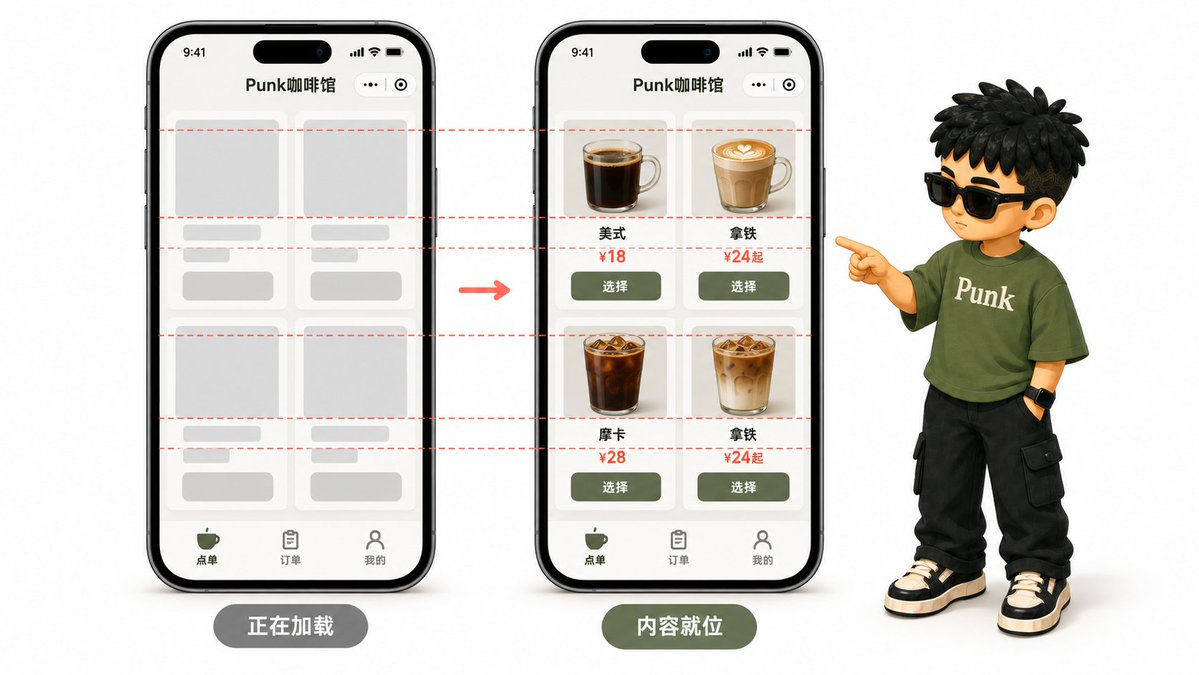 菜单加载时用灰块和灰条占位的两列骨架屏