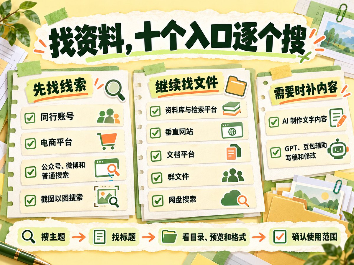 资料库、同行、电商、垂直网站、文档平台等十个找资料入口汇总图