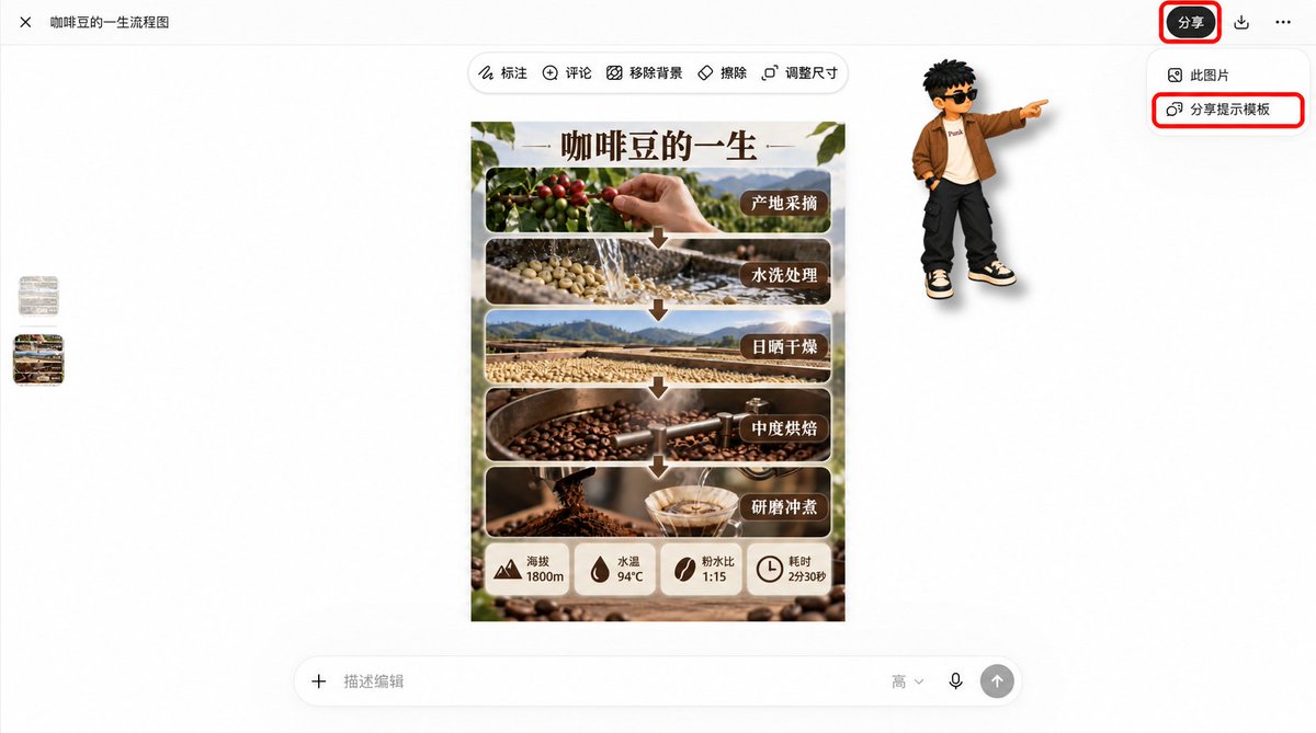 图片编辑页分享菜单中「分享提示模板」选项的截图