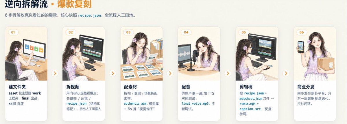 逆向拆解流从参考视频拆解到成片的流程示意图