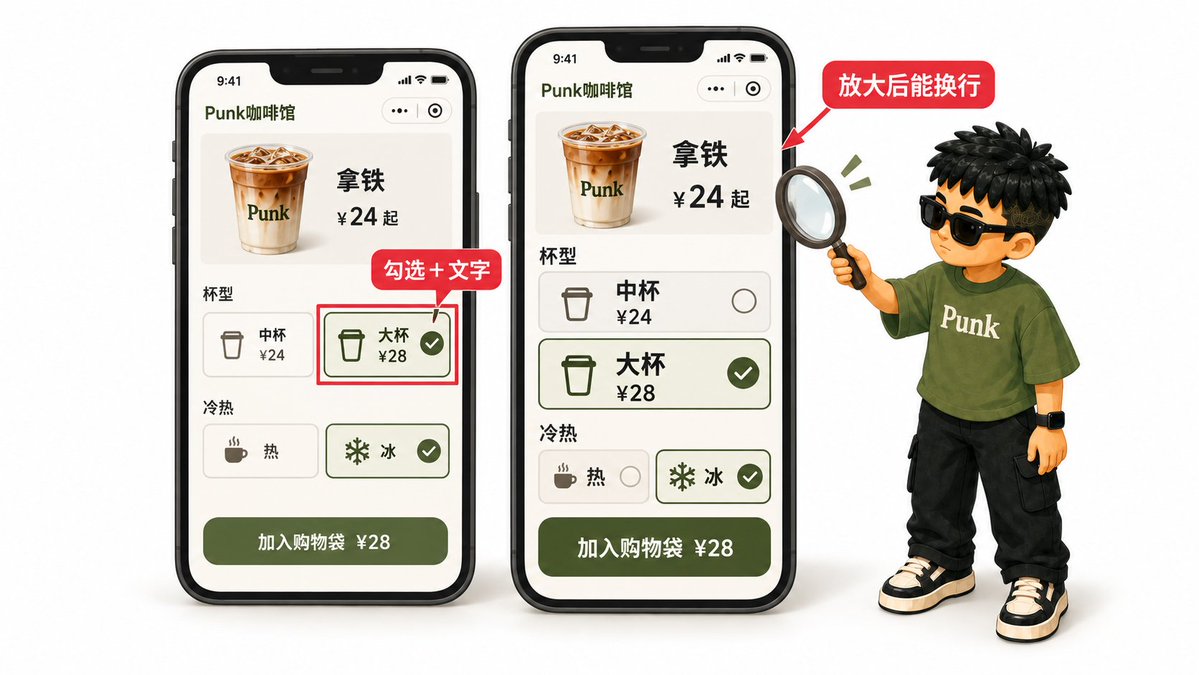 拿铁规格页用边框、勾选图标和「大杯28元」表达大杯选中状态