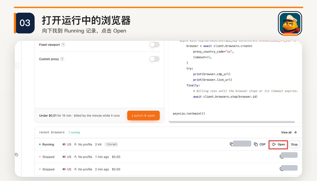 Browser Use 中标有 Running 的云浏览器记录与右侧 Open 按钮