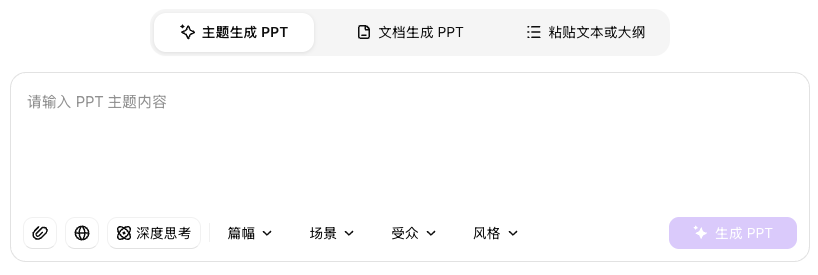 WPS AI PPT 中主题生成、文档生成、粘贴文本或大纲三种输入入口界面截图