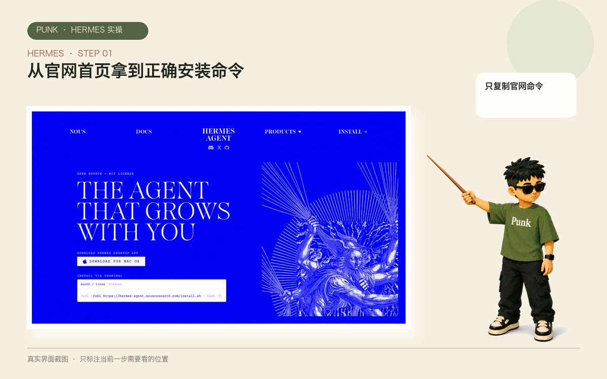 Hermes 官网首页展示的终端安装命令