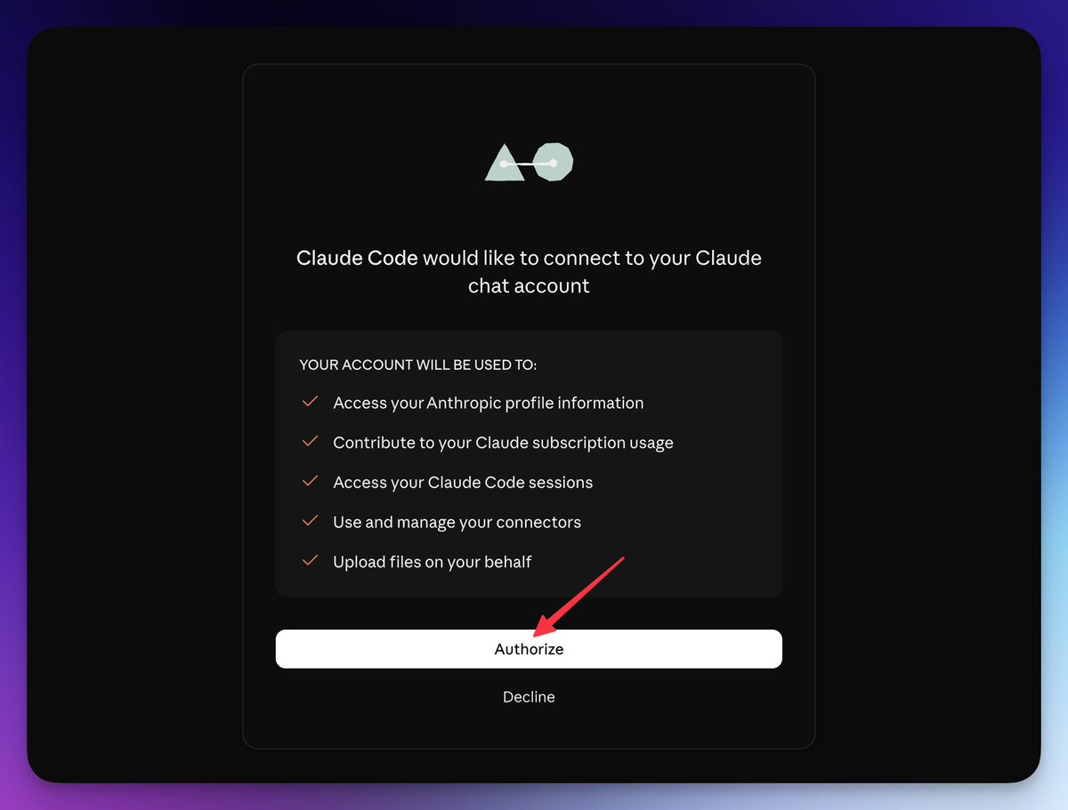 Claude Code 请求连接并列出所需权限、等待点 Authorize 的截图