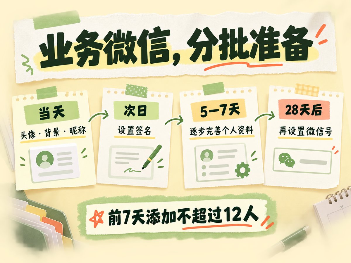 新微信号养号的关键节点示意图，标注了资料完善与互动天数安排