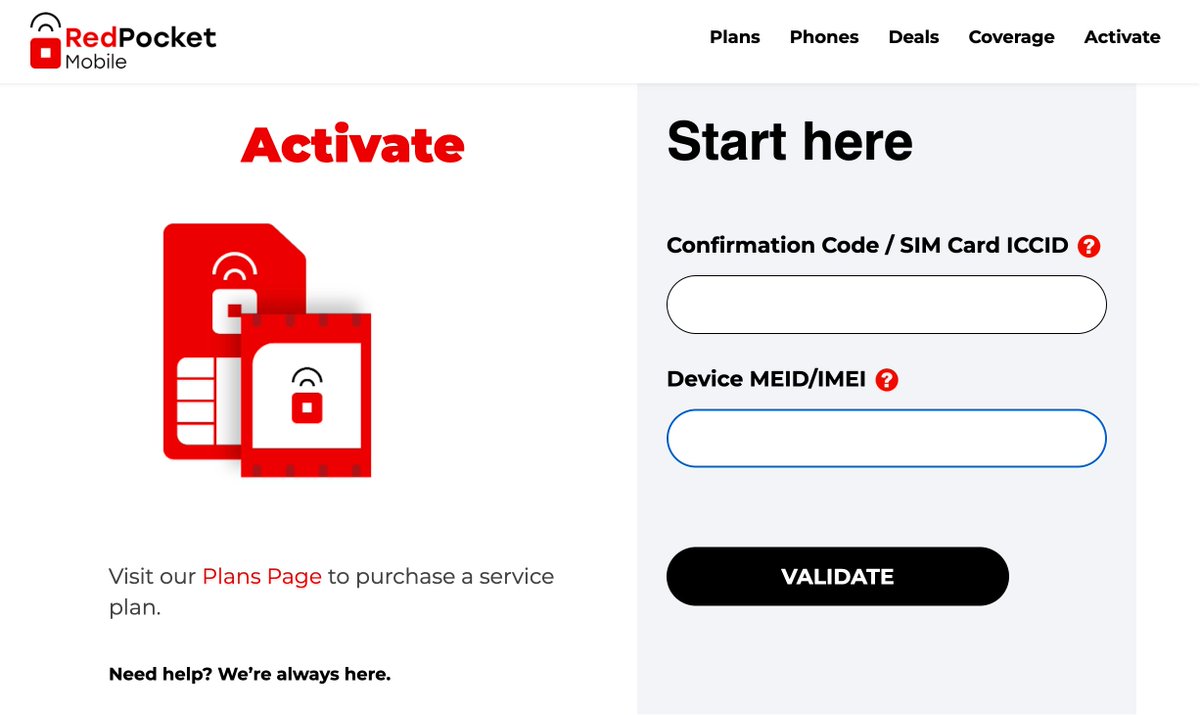 RedPocket 官网激活页面输入激活码的截图