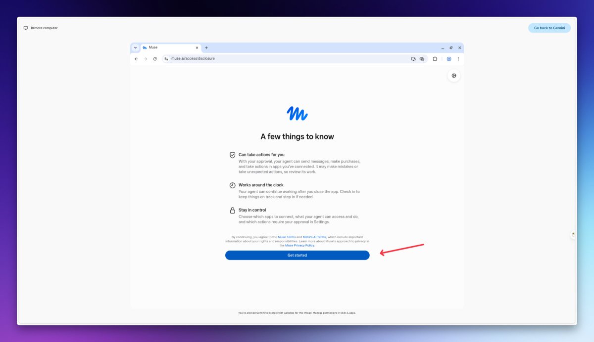 Muse 注册页面的 A few things to know 说明与 Get started 按钮