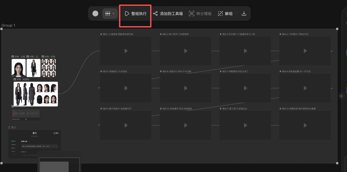 点击整组执行后依次提交 12 个分镜节点的界面