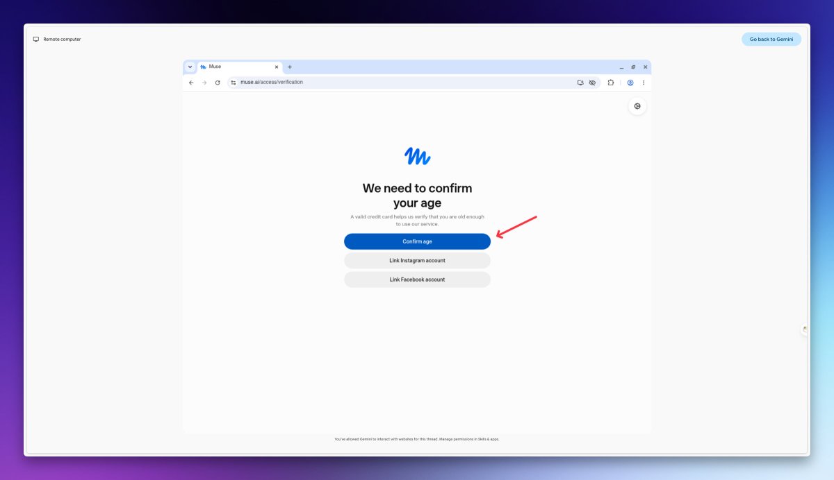 Muse 年龄验证页面列出信用卡、Instagram、Facebook 三种方式