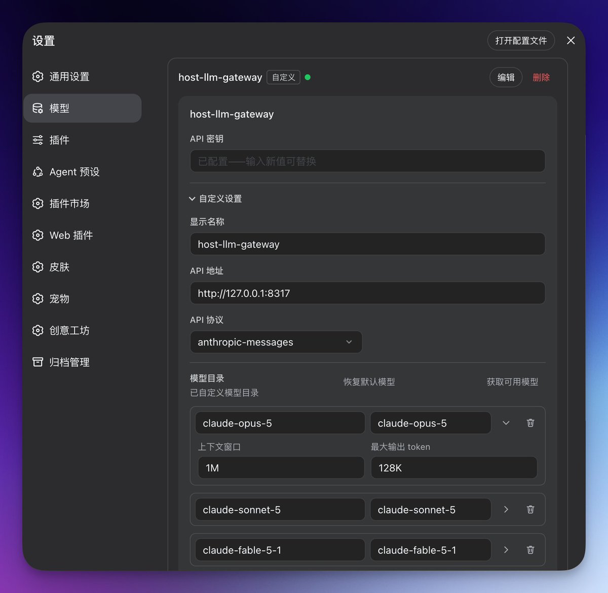自定义提供方表单里填写 API 密钥、地址、协议、模型目录的截图