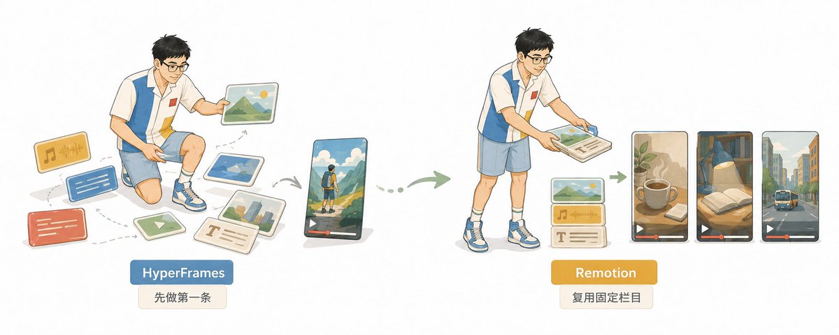HyperFrames 与 Remotion 成片工具对比图一