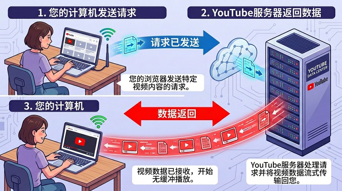 电脑向 YouTube 服务器发送请求并返回数据的示意图