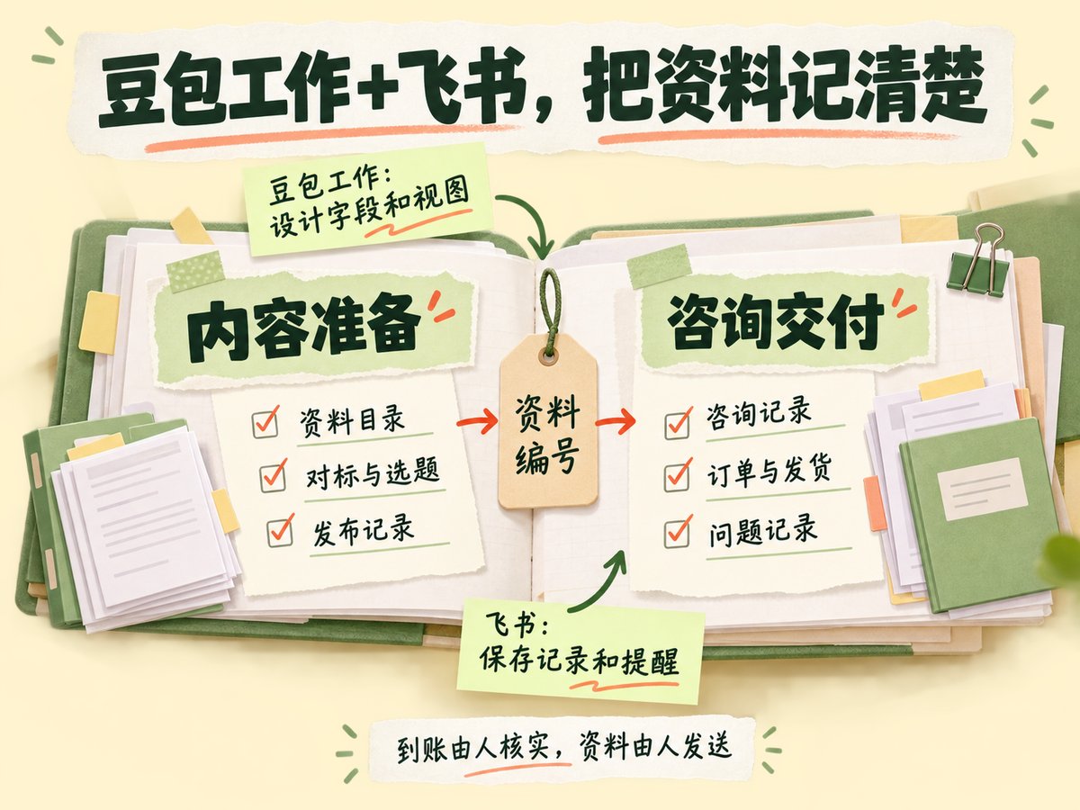 豆包辅助设计的飞书资料售卖工作台六个模块结构示意