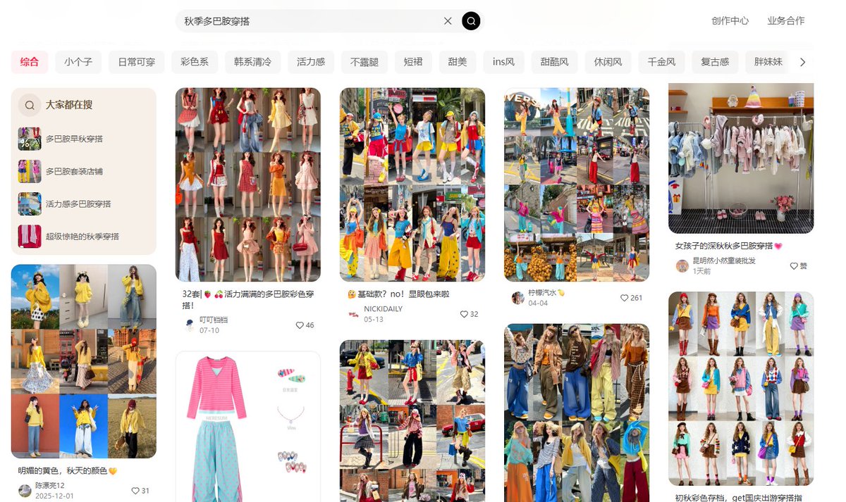 小红书“秋季多巴胺穿搭”搜索结果中的搭配参考图