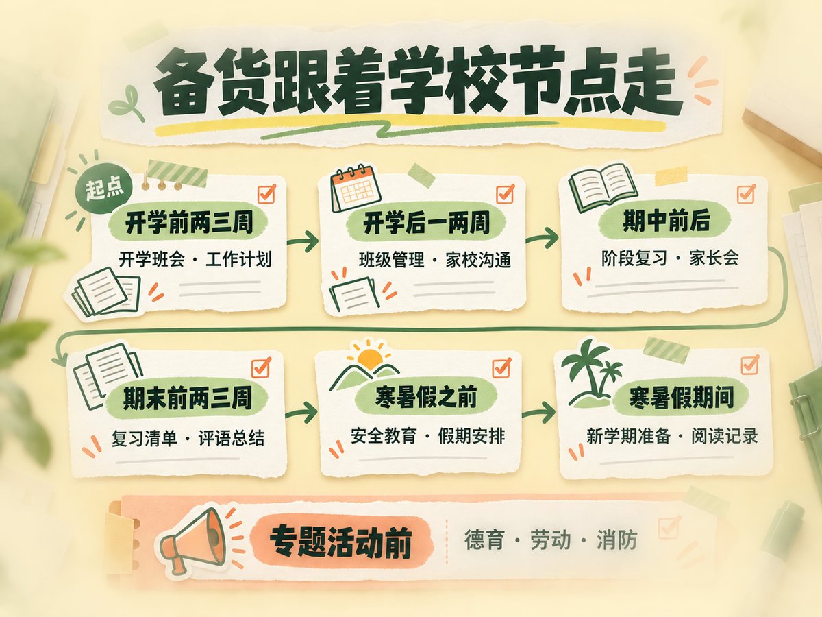按开学、期中、期末、寒暑假排列的全年教辅资料备货时间节点示意图